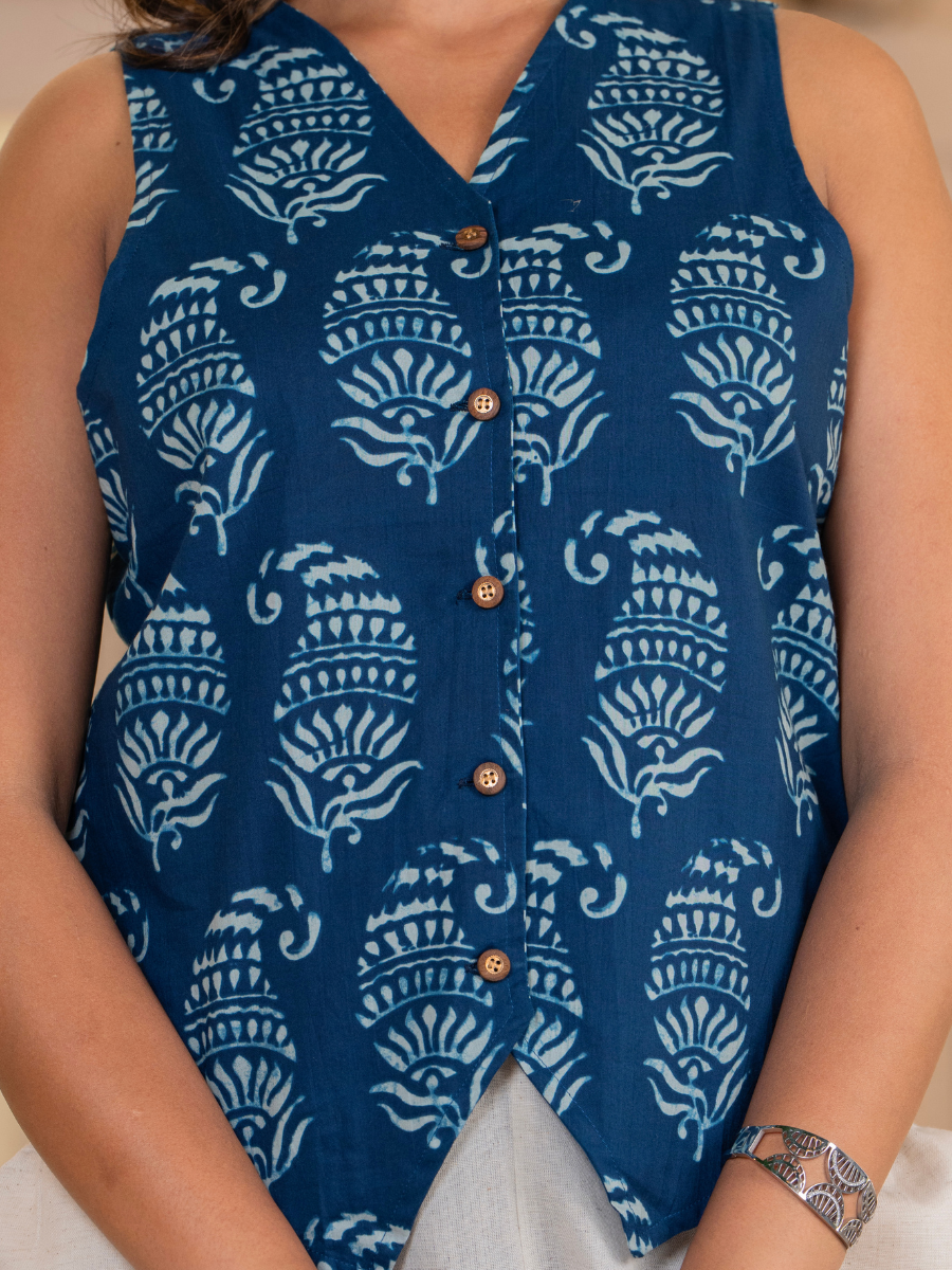 Indigo Sleeveless Hand Block-Printed Pure Cotton Top